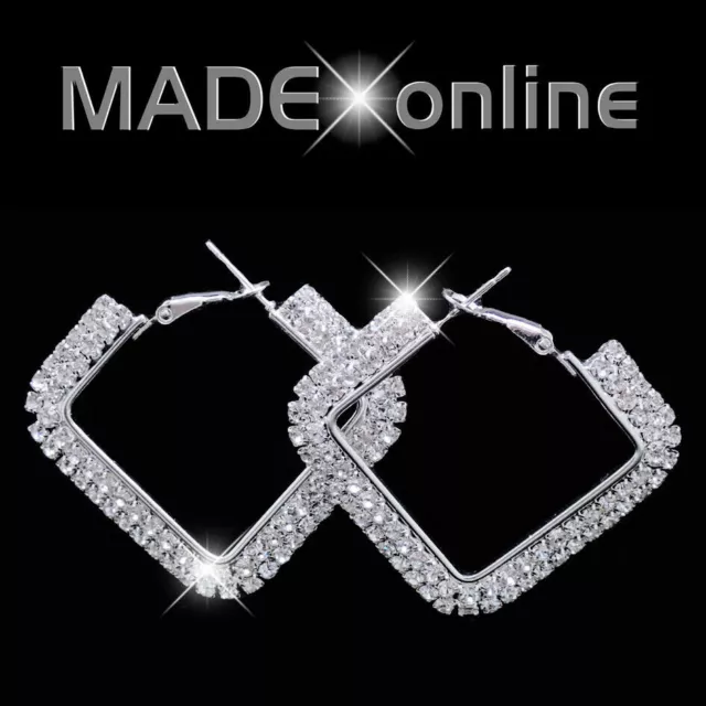 Square Hoop Earrings, Big Sparkle Diamante Crystal Bling, Silver, Gold, AB