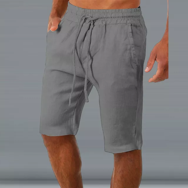 Cotton Linen Mens Elasticated Drawstring Cargo Shorts Chino Casual Half Pants