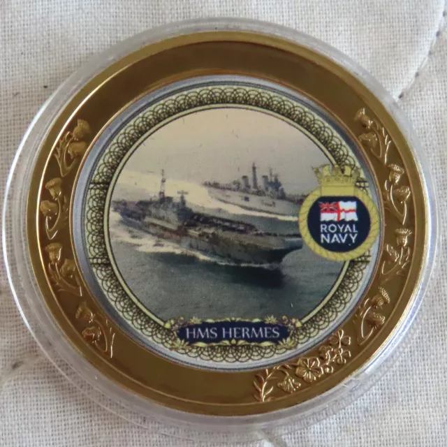 HMS HERMES 2020 GOLD PLATED 40mm MEDAL - SHIPS OF THE ROYAL NAVY