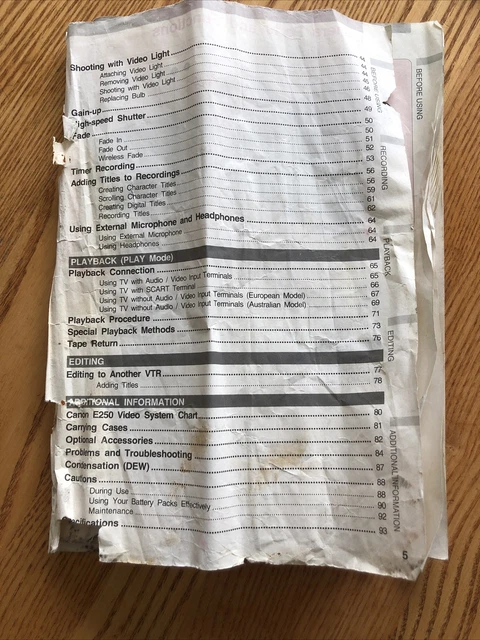 Vintage Canon E250 Camcorder Instruction Manual