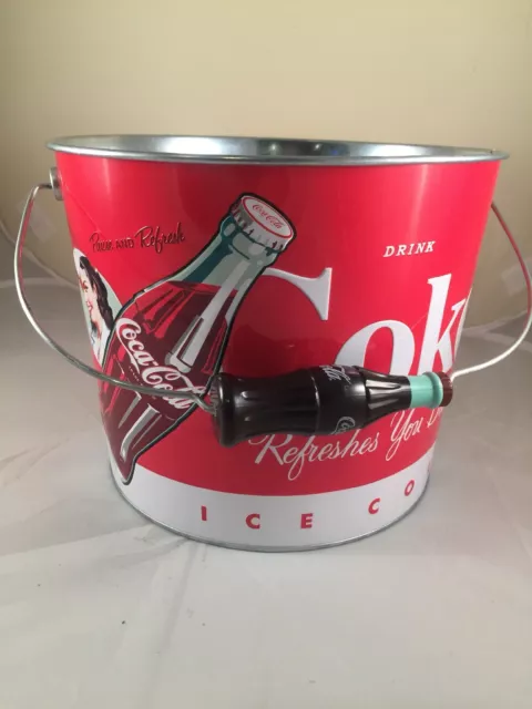 Coca Cola Coke Ice Bucket Large Round Galvanized Metal Tin Party Tub Cooler 7”x9 3