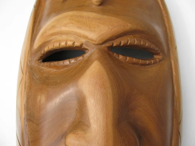 Vintage Hand Carved Mahogany Wood Grain African Mask Eyes Nose Mouth Cut Out 3