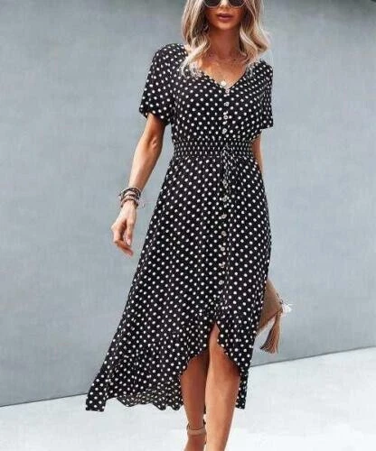 Black & White Polka Dot Button-Front V-Neck Midi Dress Size S