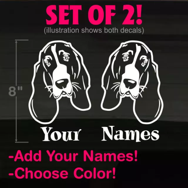 Basset Hound Dogs YOUR NAMES Set of 2 WHITE 8" Decal Stickers Bassett HotDog!