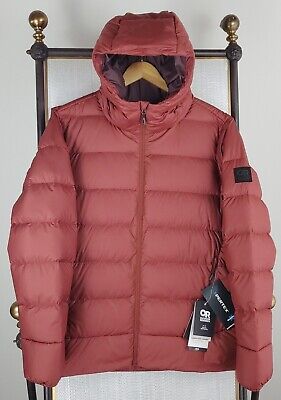 NEW $229 OUTDOOR RESEARCH Size XL 700 Down Mens Red Brick Hooded Jacket Coat
