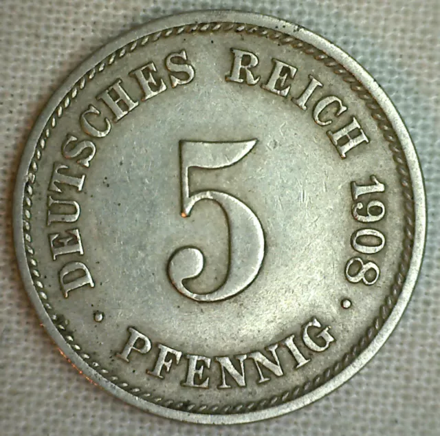 1908 G Germany-Empire 5 Pfennig Copper-Nickel World Coin Circulated