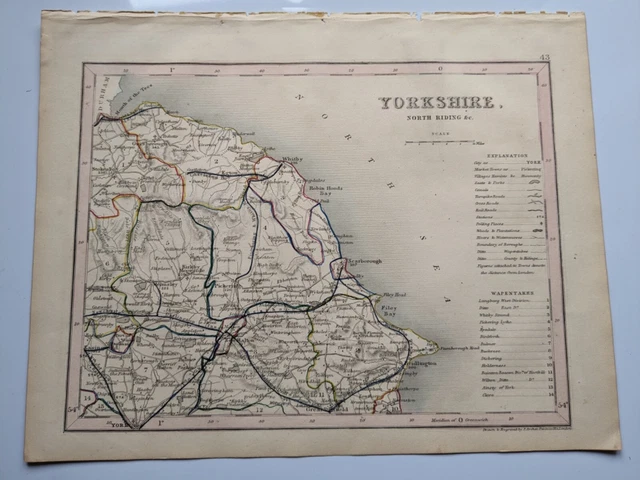 COUNTY MAP OF North Riding Yorkshire England hand coloured c1860 £15.00 ...