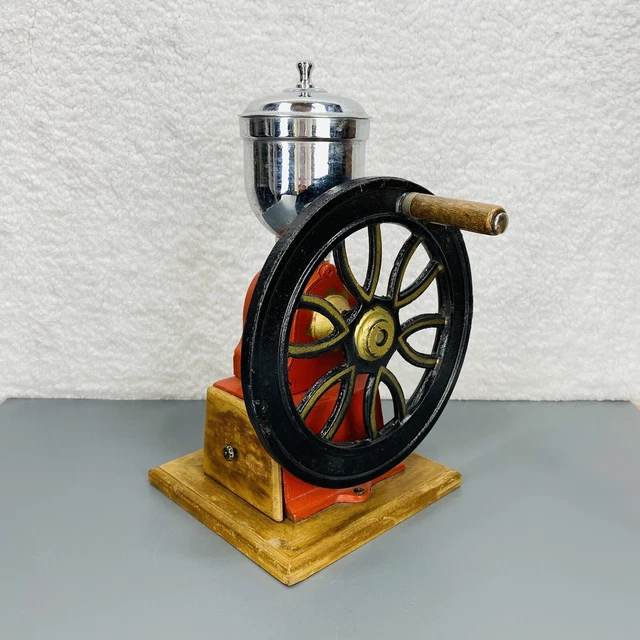VINTAGE CAST IRON Single Wheel Manual Coffee Grinder RED Rustic