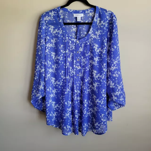 Motherhood Maternity Womens Blouse Size XL Blue White Floral Popover Sheer Lined