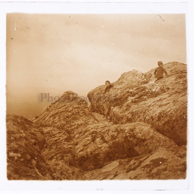 Paysage Marin Rochers c1920 Photo Plaque de verre Stereo Vintage V27L6n9