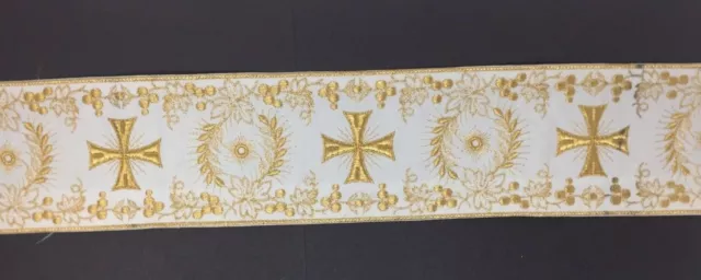 Orphrey Vintage Gold Lame on White Vestment Banding 4'' Wide Sold By Yard