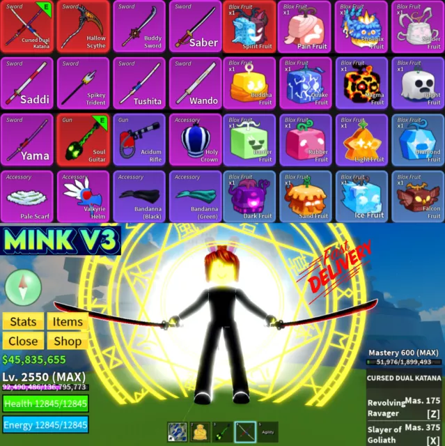 ROBLOX BLOX FRUIT Account MINK V4 Dark Max Level 2450 65.7M Beli