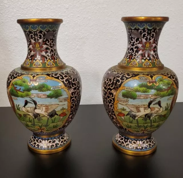 Vintage Pair of Japanese Cloisonne 7 inch Vases with Great Designs