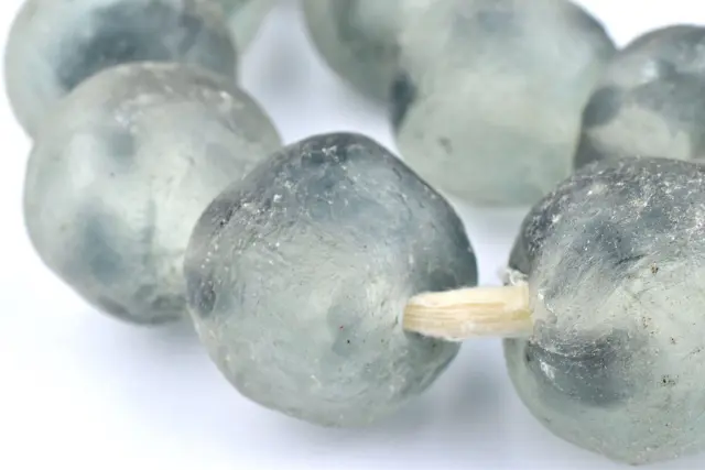 Super Jumbo Grey Mist Recycled Glass Beads 34mm Ghana African Sea Glass Round