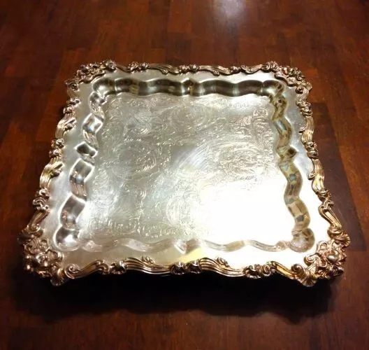 Vintage Sheridan Silver Plate Ornate Footed 15" Square Serving Tray