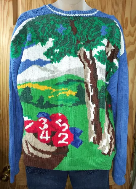 Vintage IZOD Golf Scene Hand Knit Cardigan Sweater 3 Button Pocket Men's Sz Med