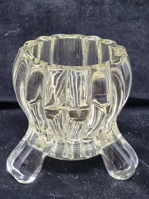 Heavy 11 oz Vintage 1960's Clear Round Ribbed Glass 3 Leg Footed Candle Holder