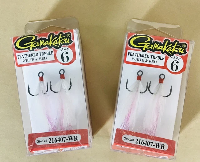 Lot of 2 Gamakatsu 216407-WR Feathered Treble Hook Sz 6 White & Red 2Pk