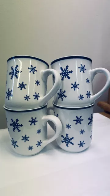 Frosty Friends, Set of 4 White Porcelain Coffee Mugs w/ Cobalt Blue Snowflakes