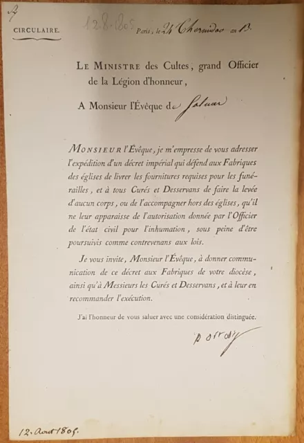 Saluzzo Ministro Culti Circolare Inumazione vietata nelle Chiese raro (1805)