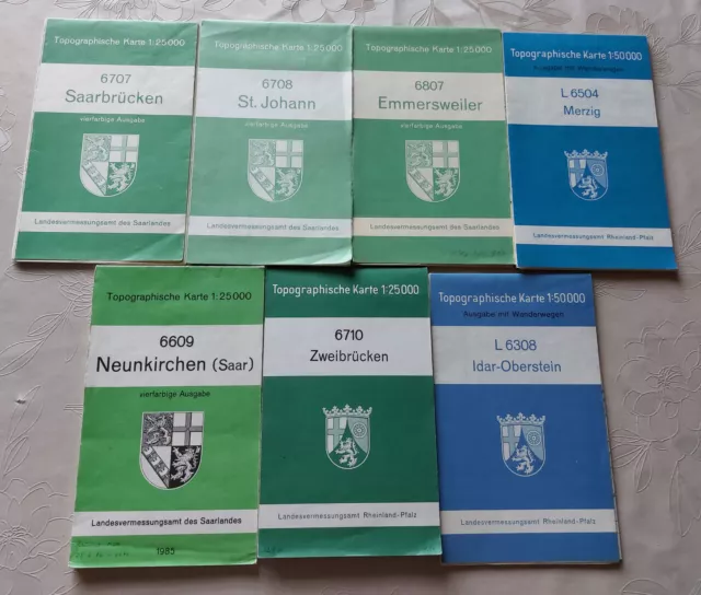 7 Topographische Karten,Saarland+ Rheinland-Pfalz;zB.Saarbrücken, Idar Oberstein