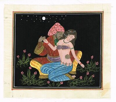 Rajasthani Miniature Painting Couple Enjoying Romance Fine Artwork On Silk Cloth