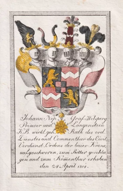 Johann Nepomuk von Welsperg Tirol Adeliger Wappen Ritter Kupferstich 1820