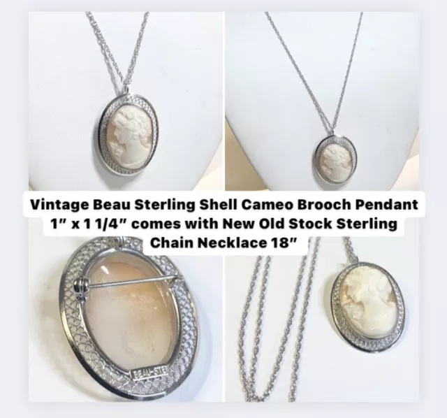 Vintage Beau Sterling Silver Shell Cameo Brooch Pendant Necklace 18” 1” X 1 1/4”