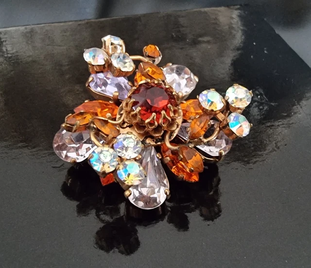 Grande Broche Ancienne En Cristal Et Métal Doré - Vintage, Occasion