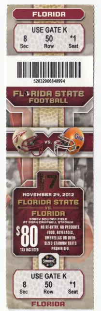 2012 Florida State Seminoles Vs Florida Gators Football Ticket Stub 11/24/12