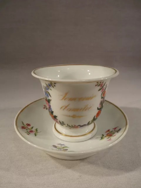 ANCIENNE GRANDE BELLE TASSE SOUVENIR AMITIE PORCELAINE PARIS FLEURS OR XIX ème