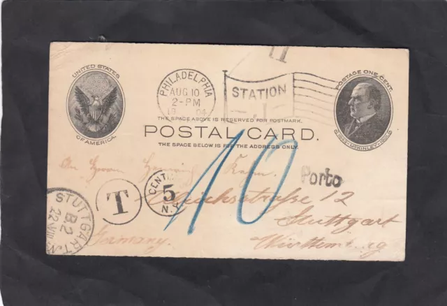 Württemberg / USA, USA-Ganzsache nach Stuttgart, Porto-Stempel Stuttgart, 1904