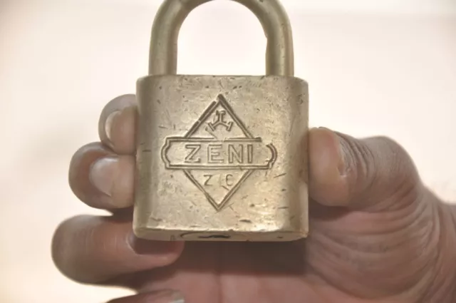 Vintage Brass ZENI Brand Solid Square Shape Handcrafted Padlock, Britain 3