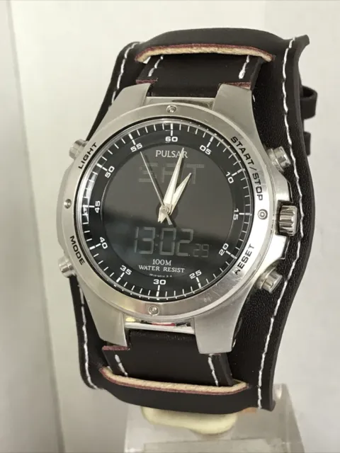 Pulsar Men's Dual Time Digital & Analogue Dark Brown Leather Strap WatchPM7009X1
