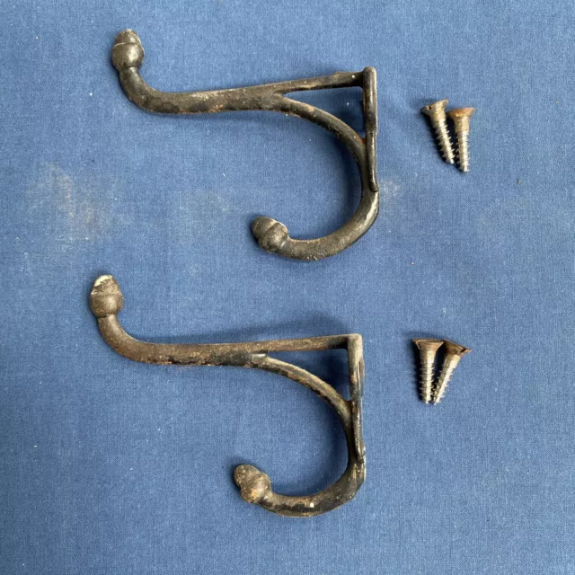 2 Vintage Cast Iron Double Acorn Finial Schoolhouse Coat Hat Hooks & Screws