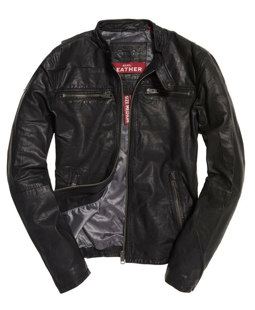 SUPERDRY REAL HERO Leather Biker Jacket Black Large UK40