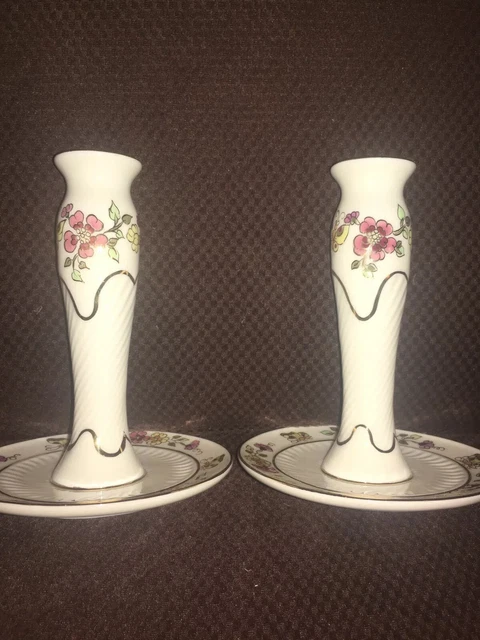 Pair of ZSOLNAY Hand Painted Porcelain Floral Candle holder trimmed with Gold