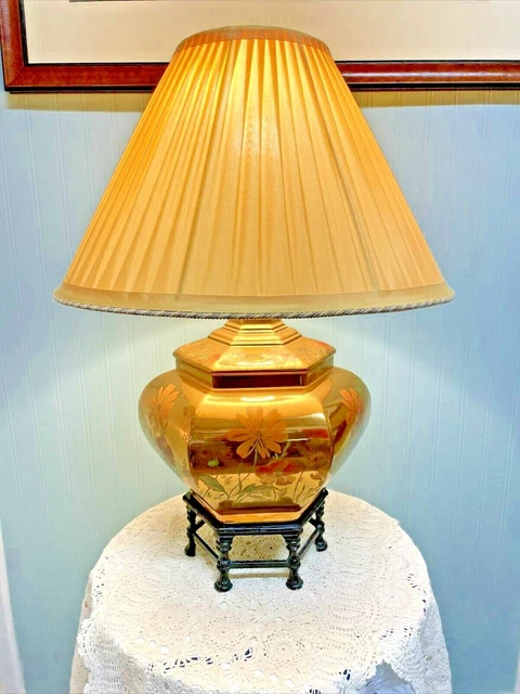 Vintage Solid Brass Painted Chinoiserie Table Lamp- Cast Metal Base