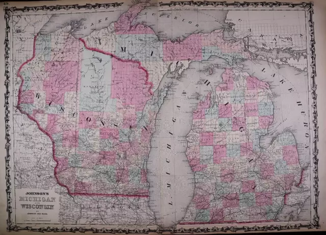 1863 Map - MICHIGAN - WISCONSIN ~ Authentic Johnson Atlas Map (18x26)-#014