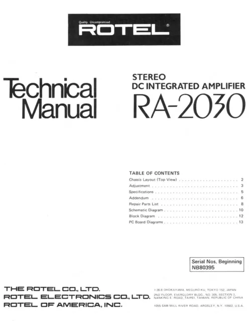 Service Manuel D'Instructions pour Rotel RA-2030