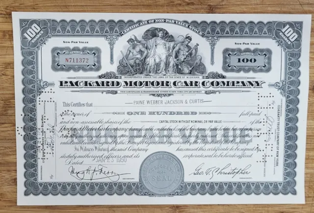 Stock Certificate Packard Motor Car Company 100 Shares
