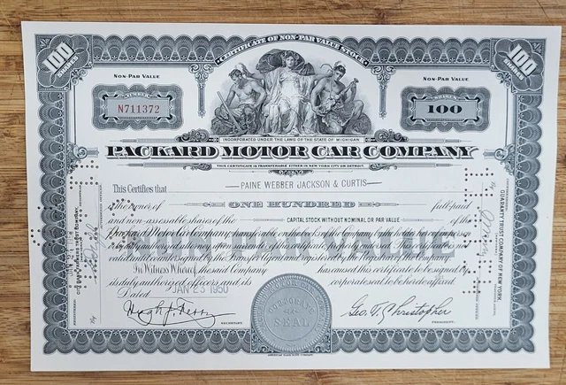 Stock Certificate Packard Motor Car Company 100 Shares