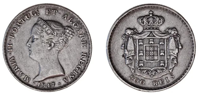 500 Silver Reis / 500 Reis Plata. Maria Ii. Portugal 1847. Vf+ / Mbc+.