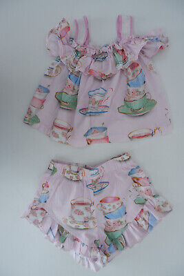 Monnalisa Girls Outfit Set Age 2 Years Top Shorts Pink Teapot Print