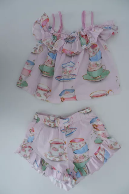 Set outfit per ragazze Monnalisa età 2 anni pantaloncini top stampa teiera rosa