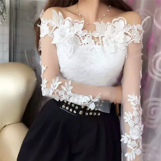 Lady Lace Embroidery Shirt Blouse Top Mesh Floral Pullover Hollow Out Sheer Sexy