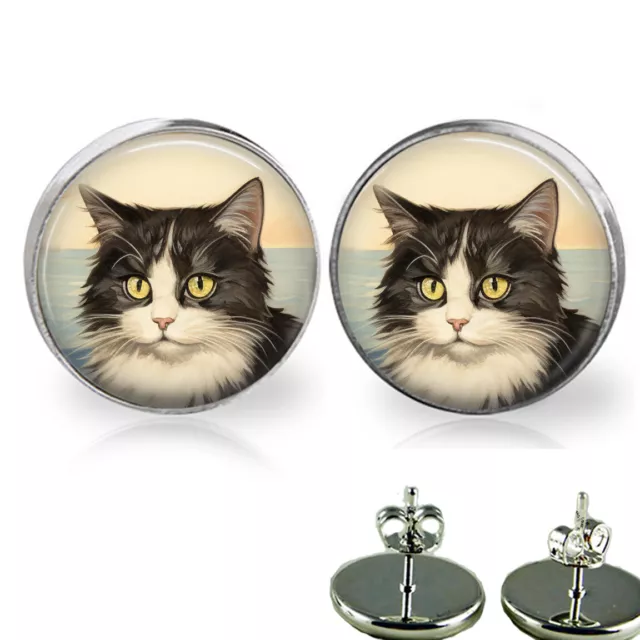 Tuxedo Cat Stud Earrings Watercolor Art Print 3 sizes Tuxedo Cat Mom Gift