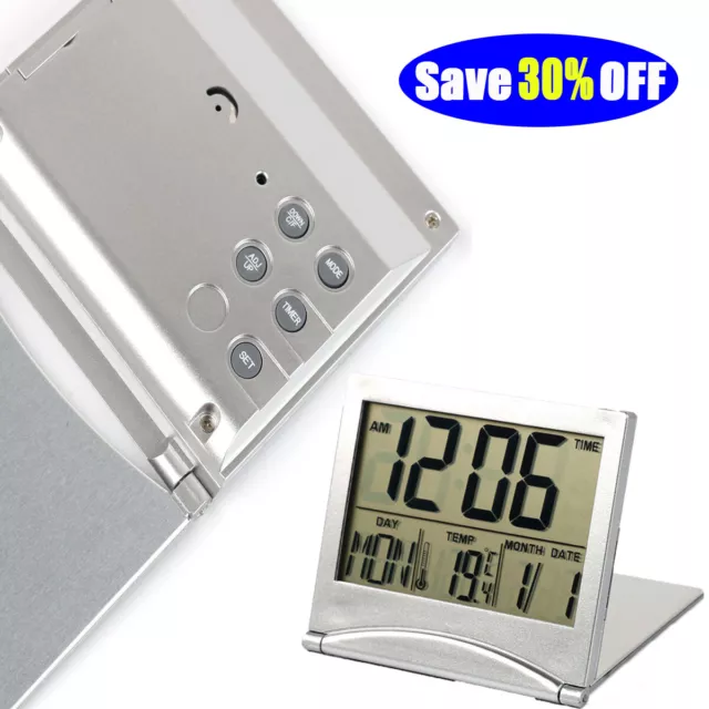 Folding Slim LCD Digital Alarm Clock Temperature Calendar Desk Top Travel Clock