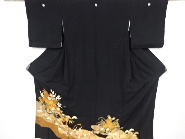 41516# Japanese Kimono / Antique Tomesode / Kinsai / Embroidery / Floral Cart