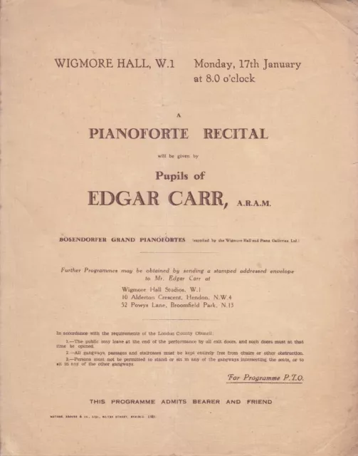 Concert Recital Programme 1938  Wigmore Hall Piano Pupils of Edgar Carr